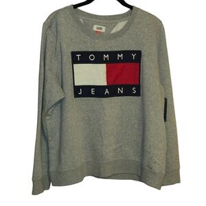 Tommy Jeans Gray Crew Neck Sweatshirt Pullover Classic Logo Large